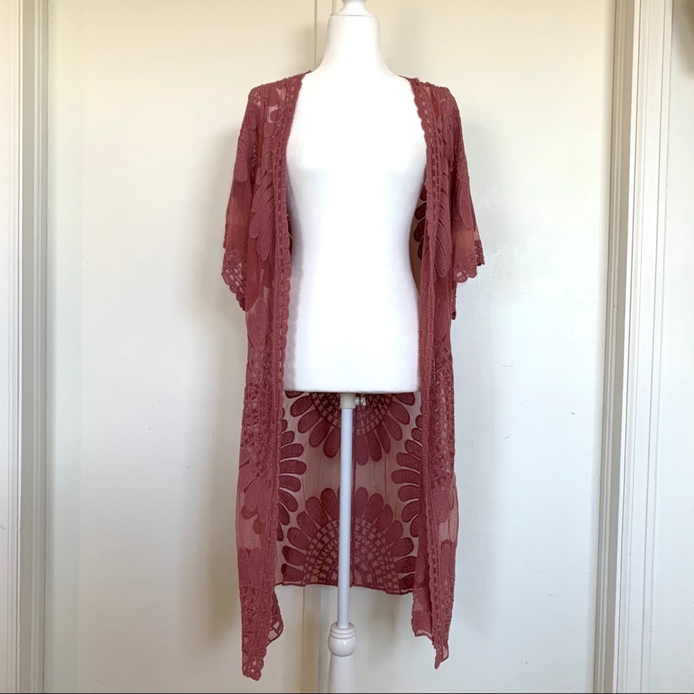 sheer mauve embroidered kimono
